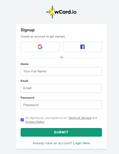 Sign-up form at wcard.io during registration process